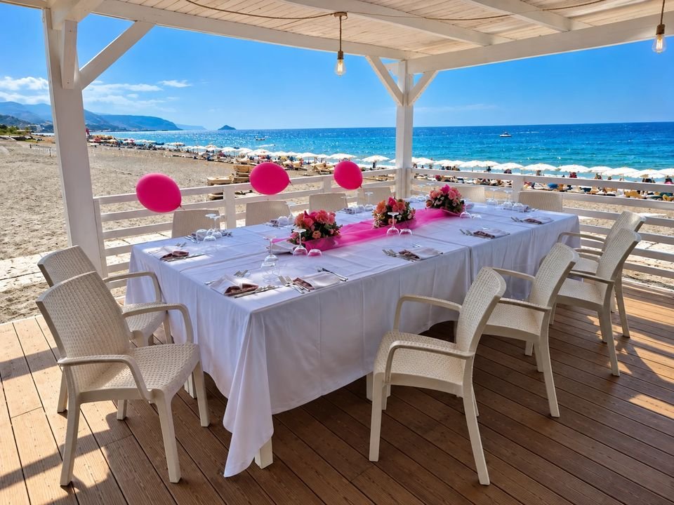 Tavolo apparecchiato per una festa sulla terrazza, con fiori, palloncini e la spiaggia di Castrocucco di Maratea sullo sfondo