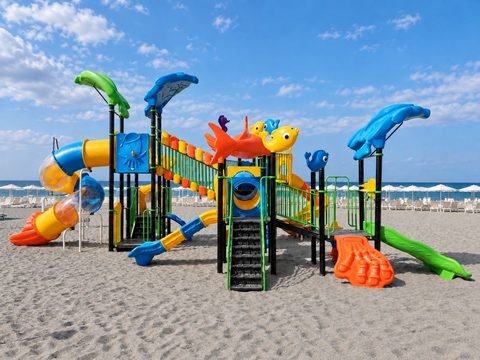L'area giochi per bambini sulla spiaggia, con scivoli e torri colorate