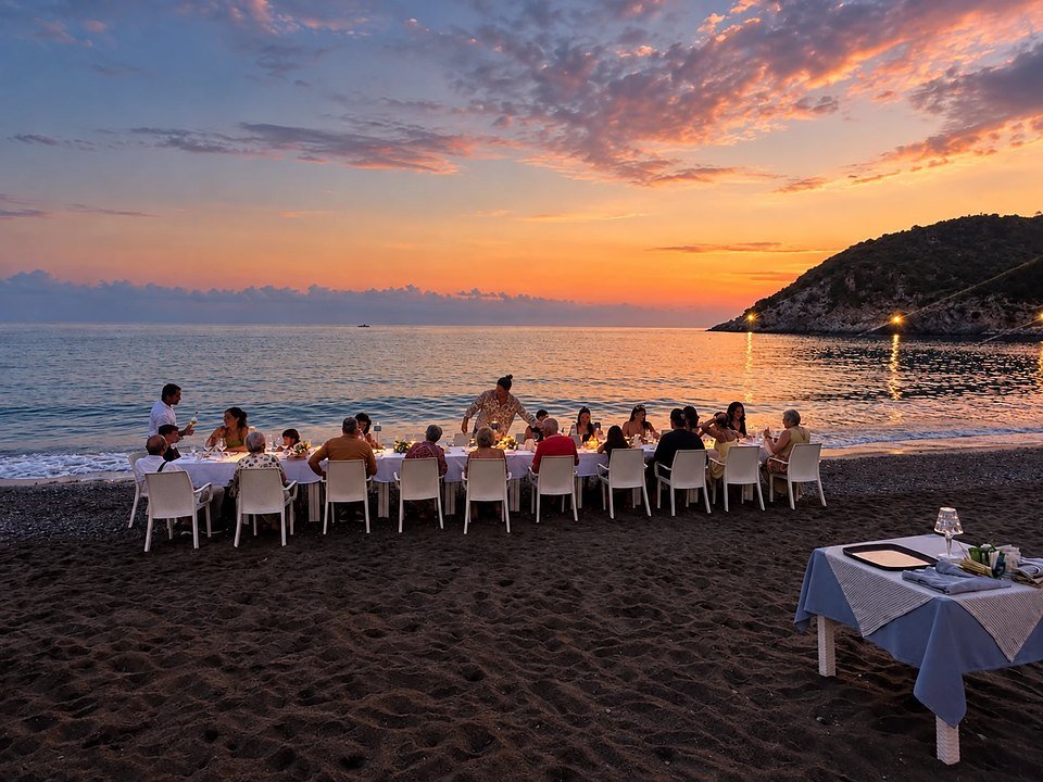 Lunga tavolata di ospiti sulla spiaggia di Castrocucco di Maratea al tramonto, con il promontorio illuminato sullo sfondo