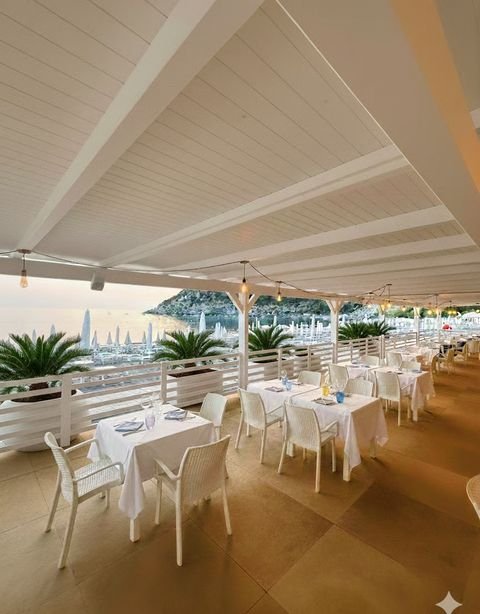 Tavoli e palme sulla terrazza, con la spiaggia sullo sfondo